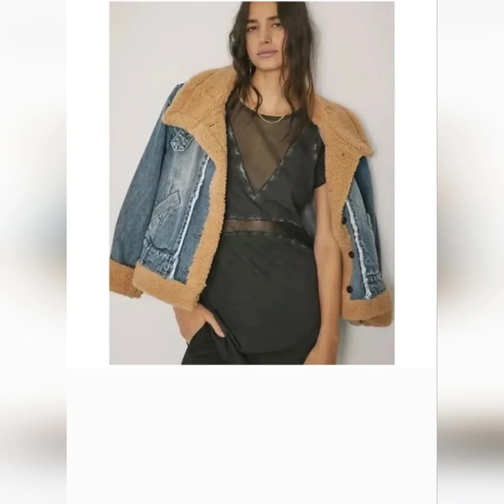 Free People Rylee Cozy Moto Sherpa Faux Fur Denim Jacket Womens - Picture 1 of 9